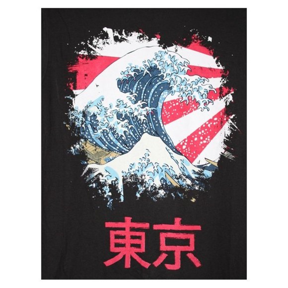 The Great Wave Off Kanagawa Black Tee Size M Tokyo Japan Kanji Characters - Picture 2 of 5